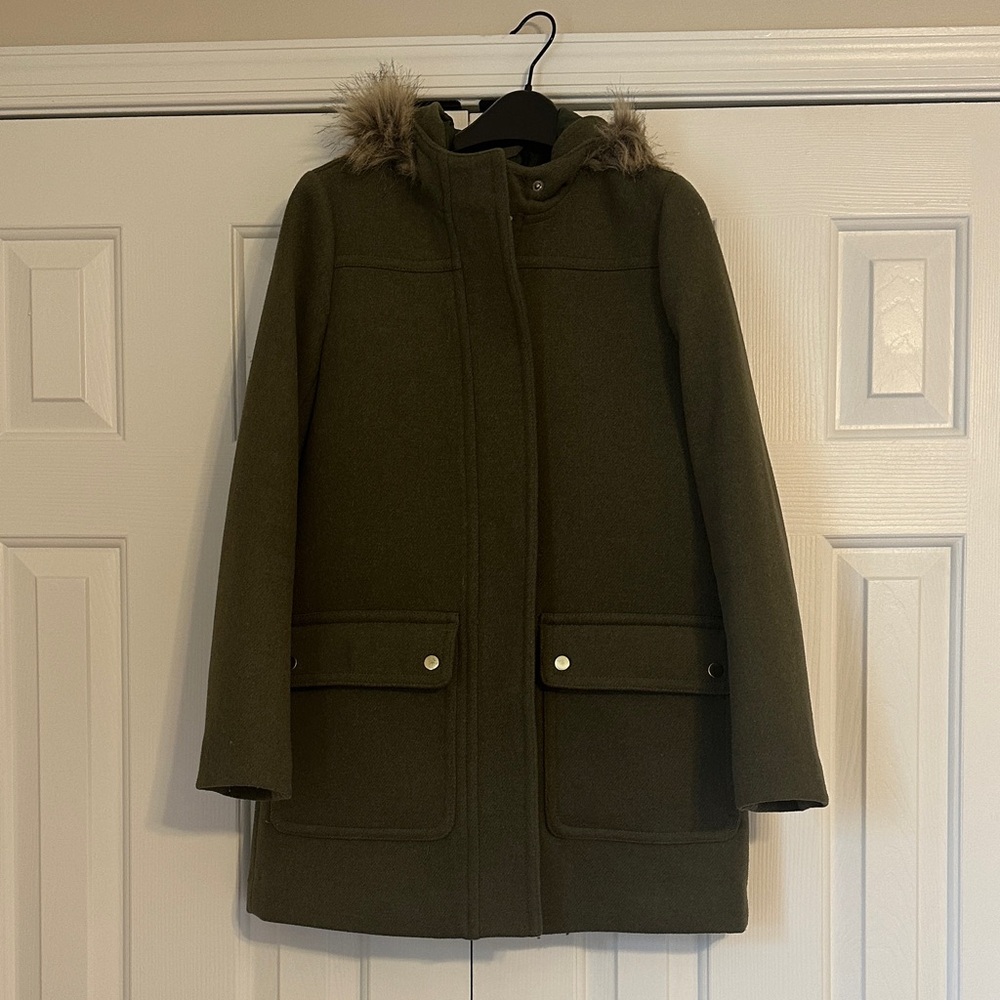 J. Crew Olive Puffer Coat with Faux Fur Trim
